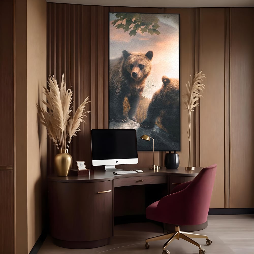 Leinwand Wandkunst Canvas Wandkunst Premium, LuxCanva® M1006, Geschwister in der Wildnis, Bären, Bären, Bär, Eiche, Felsen, Wildnis, Geschwister, Familie, Familie, Sonnenaufgang, Blätter, Büro, Wohnen, Kinderzimmer