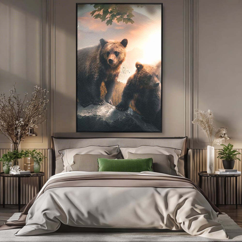 Leinwand Wandkunst Canvas Wandkunst Premium, LuxCanva® M1006, Geschwister in der Wildnis, Bären, Bären, Bär, Eiche, Felsen, Wildnis, Geschwister, Familie, Familie, Sonnenaufgang, Blätter, Büro, Wohnen, Kinderzimmer