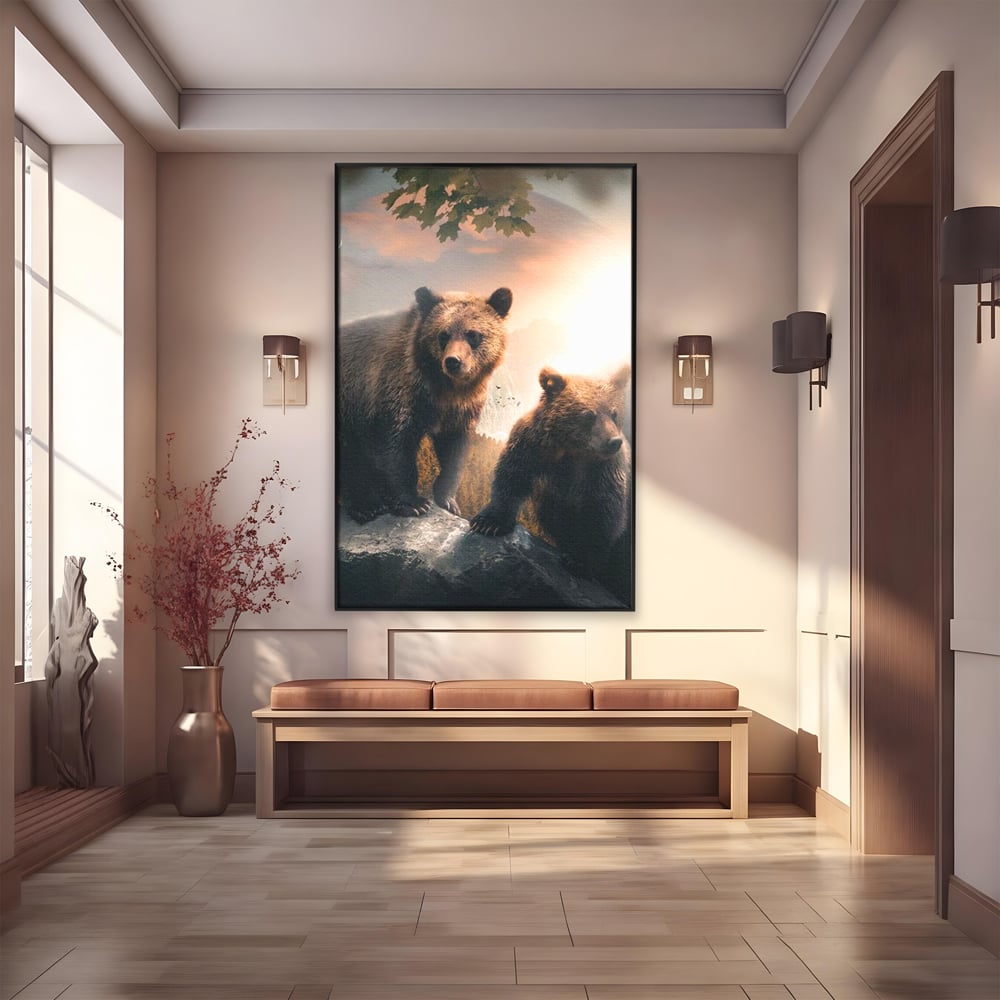 Leinwand Wandkunst Canvas Wandkunst Premium, LuxCanva® M1006, Geschwister in der Wildnis, Bären, Bären, Bär, Eiche, Felsen, Wildnis, Geschwister, Familie, Familie, Sonnenaufgang, Blätter, Büro, Wohnen, Kinderzimmer
