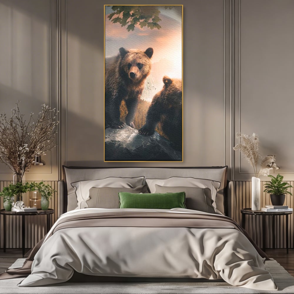 Leinwand Wandkunst Canvas Wandkunst Premium, LuxCanva® M1006, Geschwister in der Wildnis, Bären, Bären, Bär, Eiche, Felsen, Wildnis, Geschwister, Familie, Familie, Sonnenaufgang, Blätter, Büro, Wohnen, Kinderzimmer