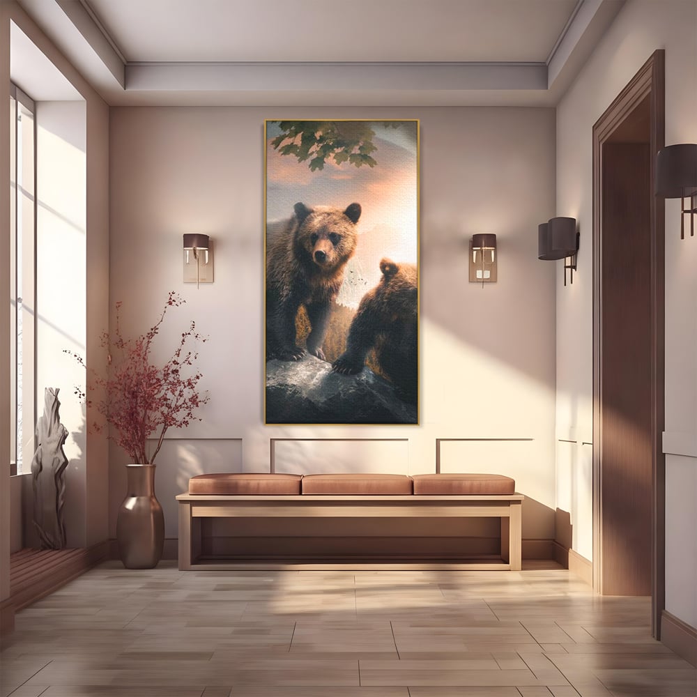 Leinwand Wandkunst Canvas Wandkunst Premium, LuxCanva® M1006, Geschwister in der Wildnis, Bären, Bären, Bär, Eiche, Felsen, Wildnis, Geschwister, Familie, Familie, Sonnenaufgang, Blätter, Büro, Wohnen, Kinderzimmer