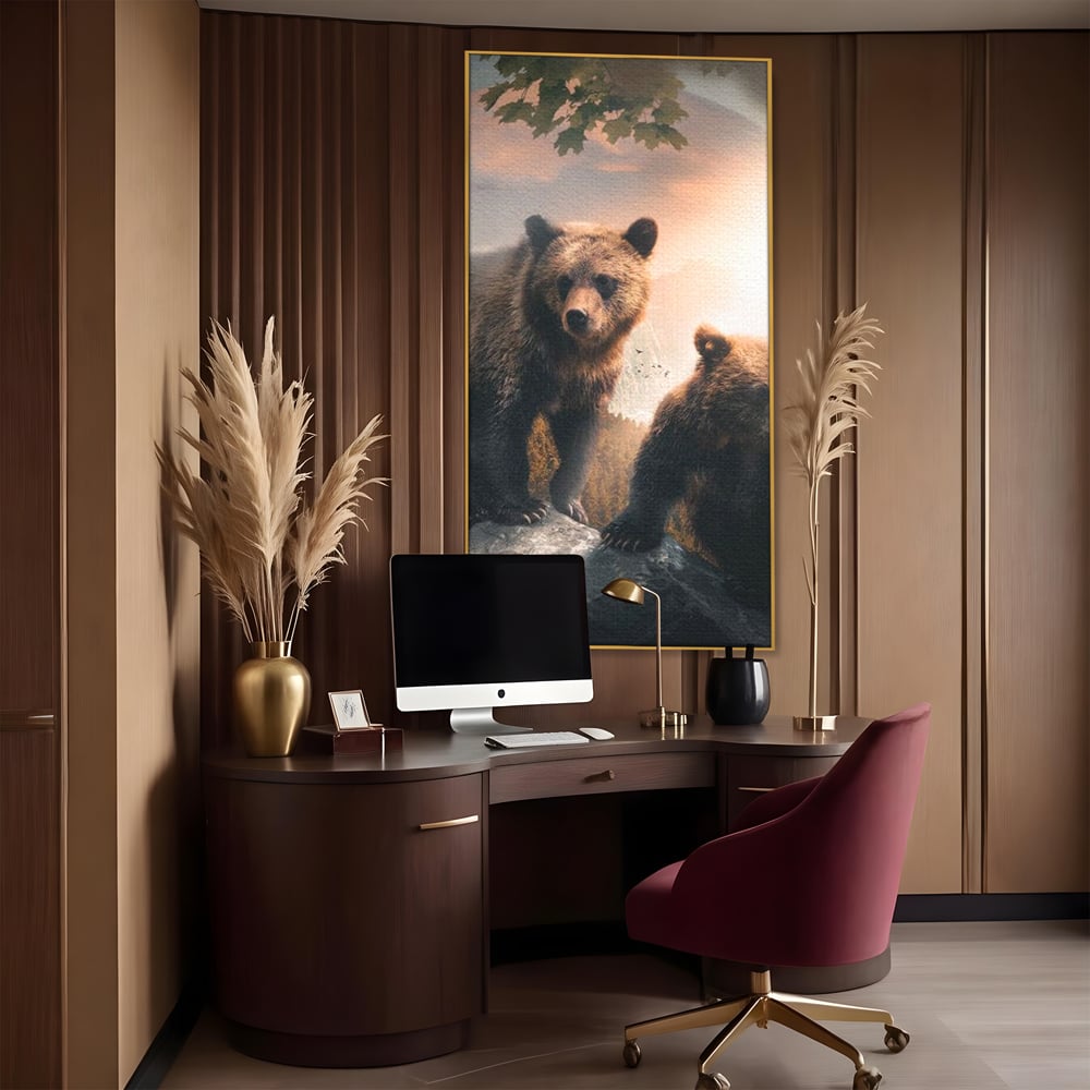 Leinwand Wandkunst Canvas Wandkunst Premium, LuxCanva® M1006, Geschwister in der Wildnis, Bären, Bären, Bär, Eiche, Felsen, Wildnis, Geschwister, Familie, Familie, Sonnenaufgang, Blätter, Büro, Wohnen, Kinderzimmer