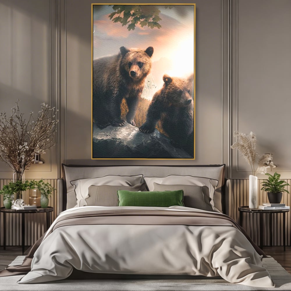 Leinwand Wandkunst Canvas Wandkunst Premium, LuxCanva® M1006, Geschwister in der Wildnis, Bären, Bären, Bär, Eiche, Felsen, Wildnis, Geschwister, Familie, Familie, Sonnenaufgang, Blätter, Büro, Wohnen, Kinderzimmer