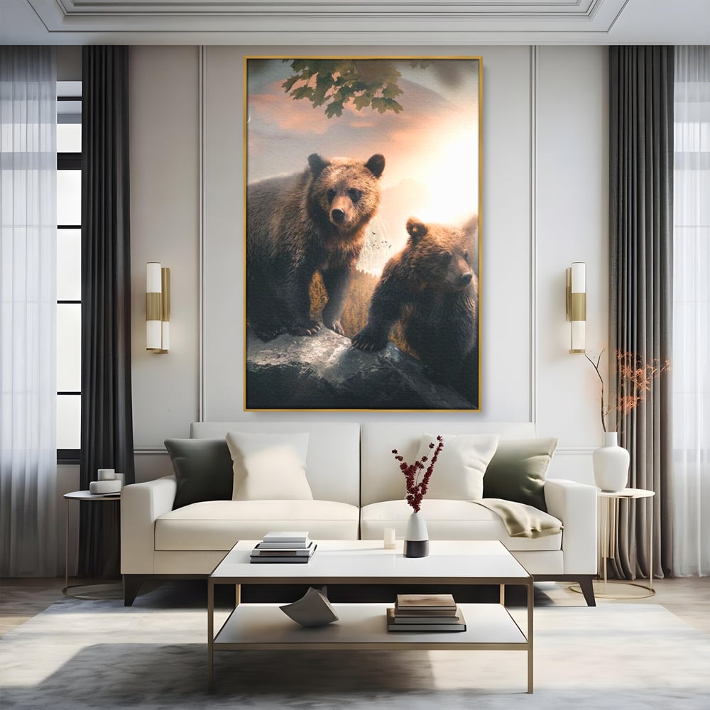 Leinwand Wandkunst Canvas Wandkunst Premium, LuxCanva® M1006, Geschwister in der Wildnis, Bären, Bären, Bär, Eiche, Felsen, Wildnis, Geschwister, Familie, Familie, Sonnenaufgang, Blätter, Büro, Wohnen, Kinderzimmer