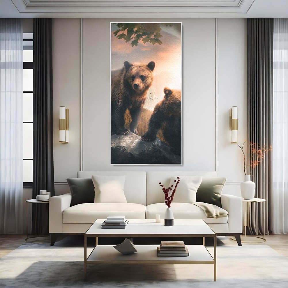 Leinwand Wandkunst Canvas Wandkunst Premium, LuxCanva® M1006, Geschwister in der Wildnis, Bären, Bären, Bär, Eiche, Felsen, Wildnis, Geschwister, Familie, Familie, Sonnenaufgang, Blätter, Büro, Wohnen, Kinderzimmer