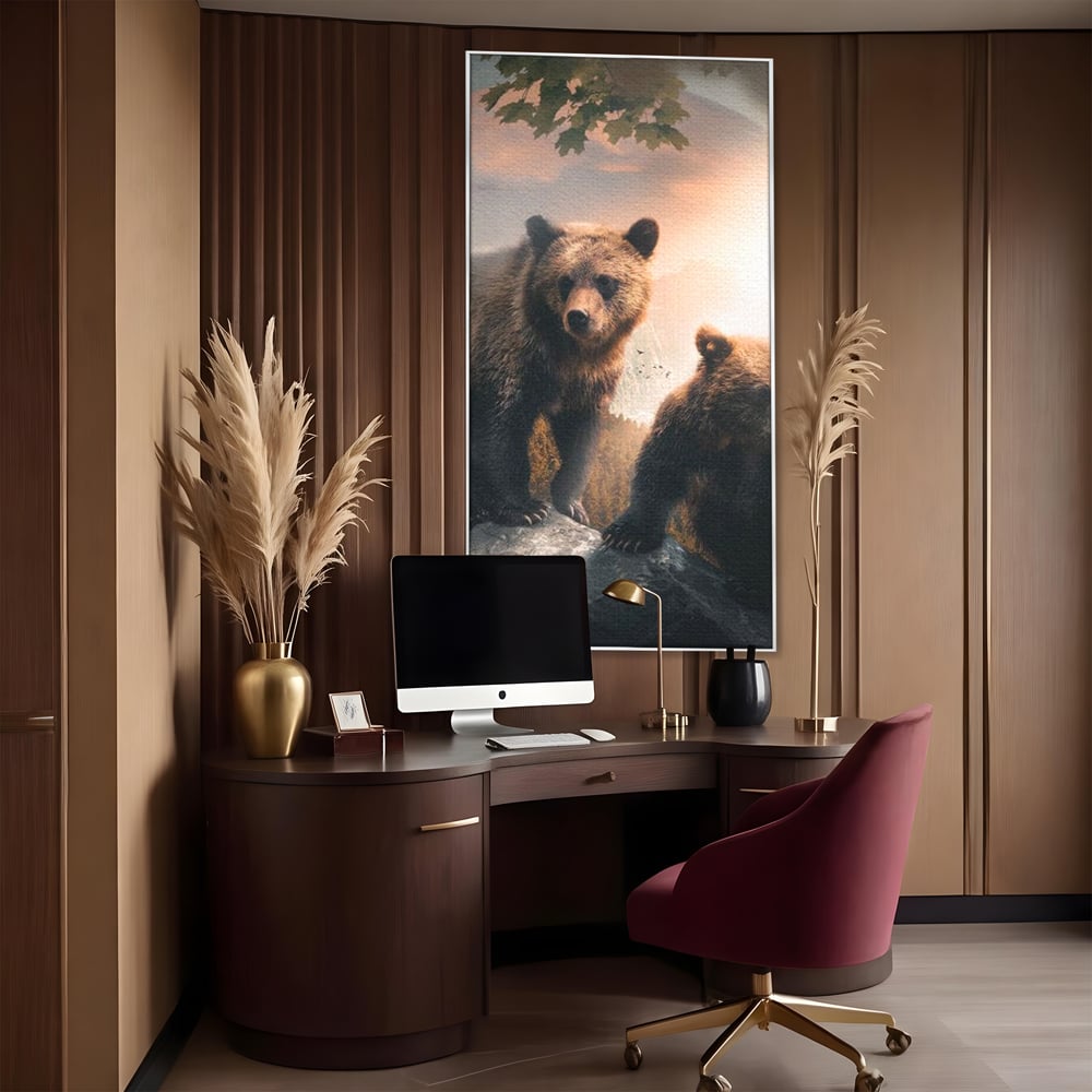 Leinwand Wandkunst Canvas Wandkunst Premium, LuxCanva® M1006, Geschwister in der Wildnis, Bären, Bären, Bär, Eiche, Felsen, Wildnis, Geschwister, Familie, Familie, Sonnenaufgang, Blätter, Büro, Wohnen, Kinderzimmer