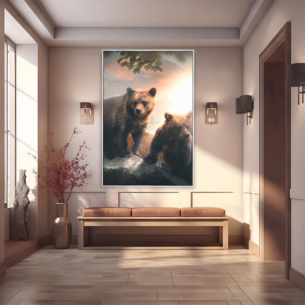 Leinwand Wandkunst Canvas Wandkunst Premium, LuxCanva® M1006, Geschwister in der Wildnis, Bären, Bären, Bär, Eiche, Felsen, Wildnis, Geschwister, Familie, Familie, Sonnenaufgang, Blätter, Büro, Wohnen, Kinderzimmer
