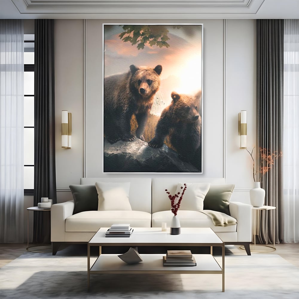 Leinwand Wandkunst Canvas Wandkunst Premium, LuxCanva® M1006, Geschwister in der Wildnis, Bären, Bären, Bär, Eiche, Felsen, Wildnis, Geschwister, Familie, Familie, Sonnenaufgang, Blätter, Büro, Wohnen, Kinderzimmer