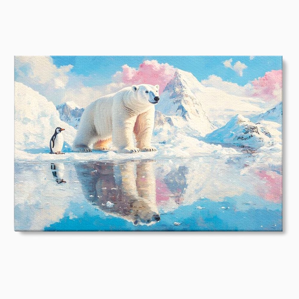 Tablou Canvas Premium, LuxCanva® M1007, Calatori in Lumea Arctica, Urs, Pinguin, Iarna, Zapada, Gheata, Arctic, Glaciar, Prietenie, Birou, Living, Camera Copii