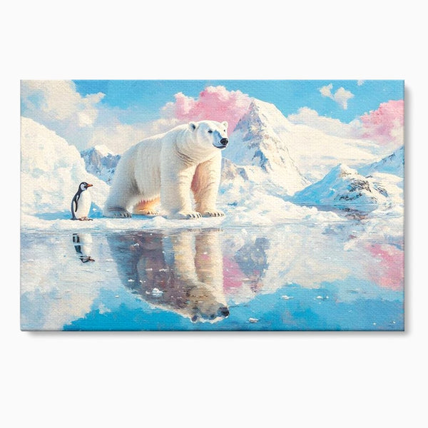 Tablou Canvas Premium, LuxCanva® M1007, Calatori in Lumea Arctica, Urs, Pinguin, Iarna, Zapada, Gheata, Arctic, Glaciar, Prietenie, Birou, Living, Camera Copii