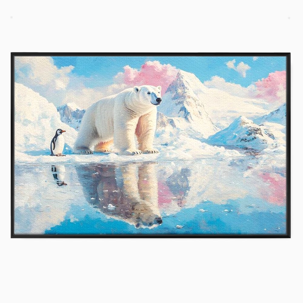 Tablou Canvas Premium, LuxCanva® M1007, Calatori in Lumea Arctica, Urs, Pinguin, Iarna, Zapada, Gheata, Arctic, Glaciar, Prietenie, Birou, Living, Camera Copii