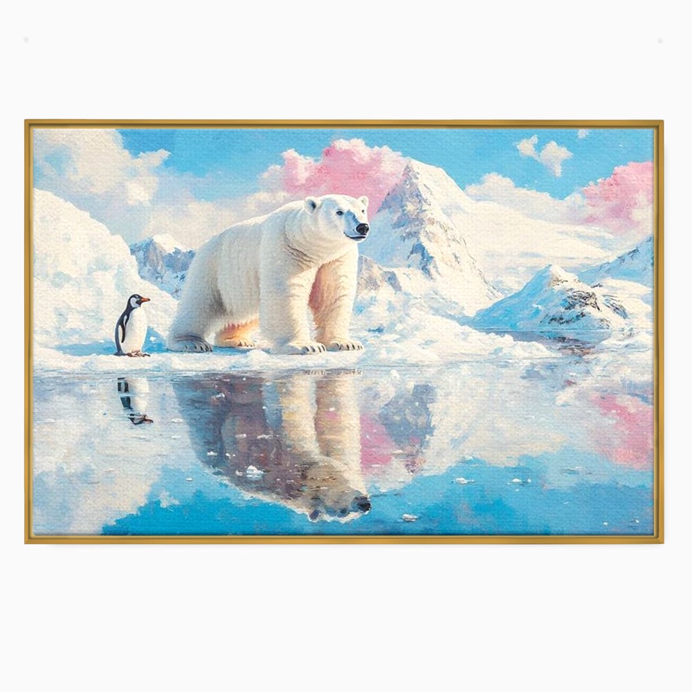 Tablou Canvas Premium, LuxCanva® M1007, Calatori in Lumea Arctica, Urs, Pinguin, Iarna, Zapada, Gheata, Arctic, Glaciar, Prietenie, Birou, Living, Camera Copii