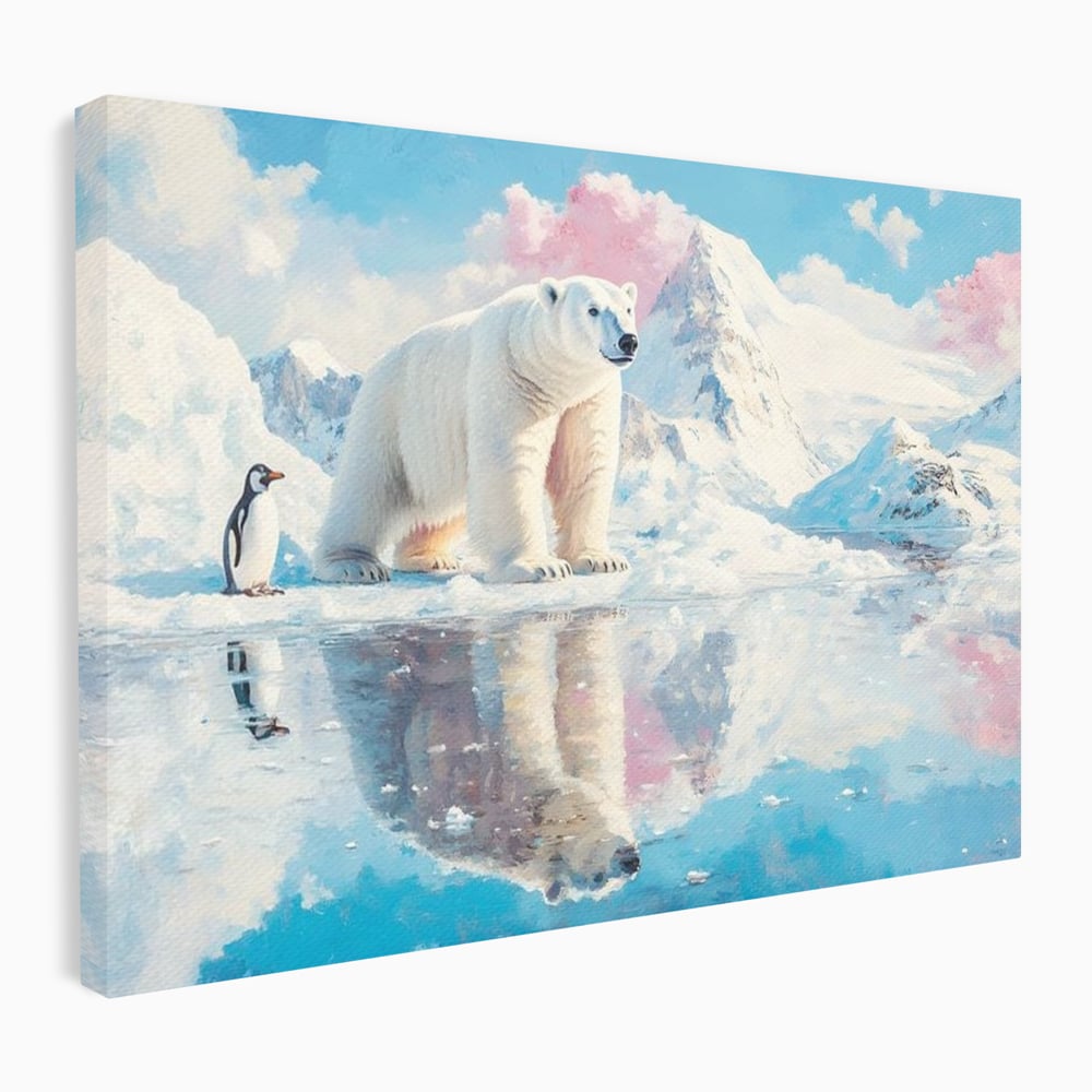 Tablou Canvas Premium, LuxCanva® M1007, Calatori in Lumea Arctica, Urs, Pinguin, Iarna, Zapada, Gheata, Arctic, Glaciar, Prietenie, Birou, Living, Camera Copii