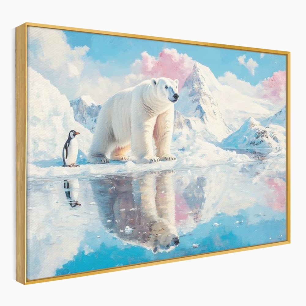 Tablou Canvas Premium, LuxCanva® M1007, Calatori in Lumea Arctica, Urs, Pinguin, Iarna, Zapada, Gheata, Arctic, Glaciar, Prietenie, Birou, Living, Camera Copii