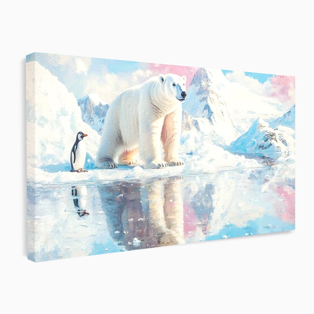 Tablou Canvas Premium, LuxCanva® M1007, Calatori in Lumea Arctica, Urs, Pinguin, Iarna, Zapada, Gheata, Arctic, Glaciar, Prietenie, Birou, Living, Camera Copii