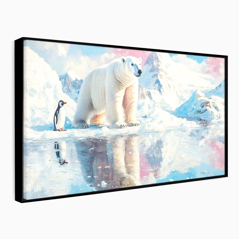 Tablou Canvas Premium, LuxCanva® M1007, Calatori in Lumea Arctica, Urs, Pinguin, Iarna, Zapada, Gheata, Arctic, Glaciar, Prietenie, Birou, Living, Camera Copii