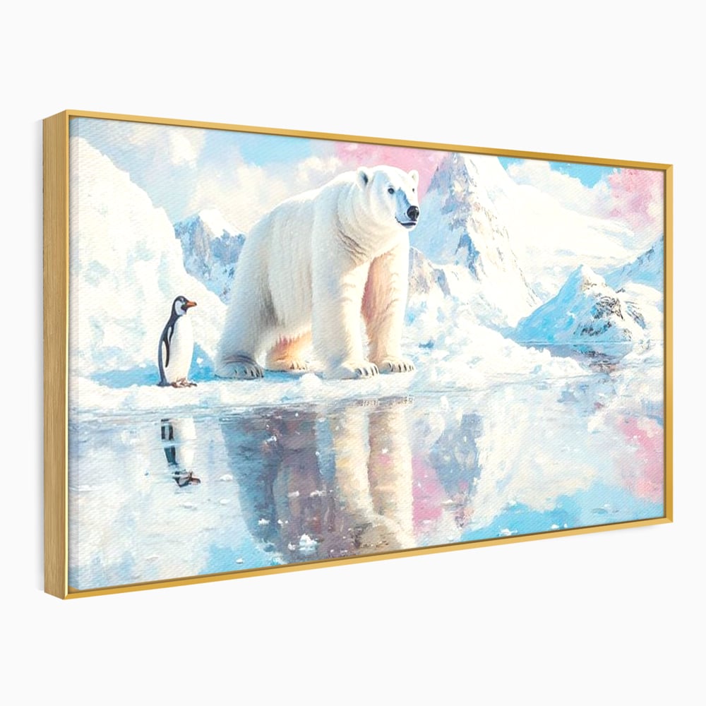 Tablou Canvas Premium, LuxCanva® M1007, Calatori in Lumea Arctica, Urs, Pinguin, Iarna, Zapada, Gheata, Arctic, Glaciar, Prietenie, Birou, Living, Camera Copii