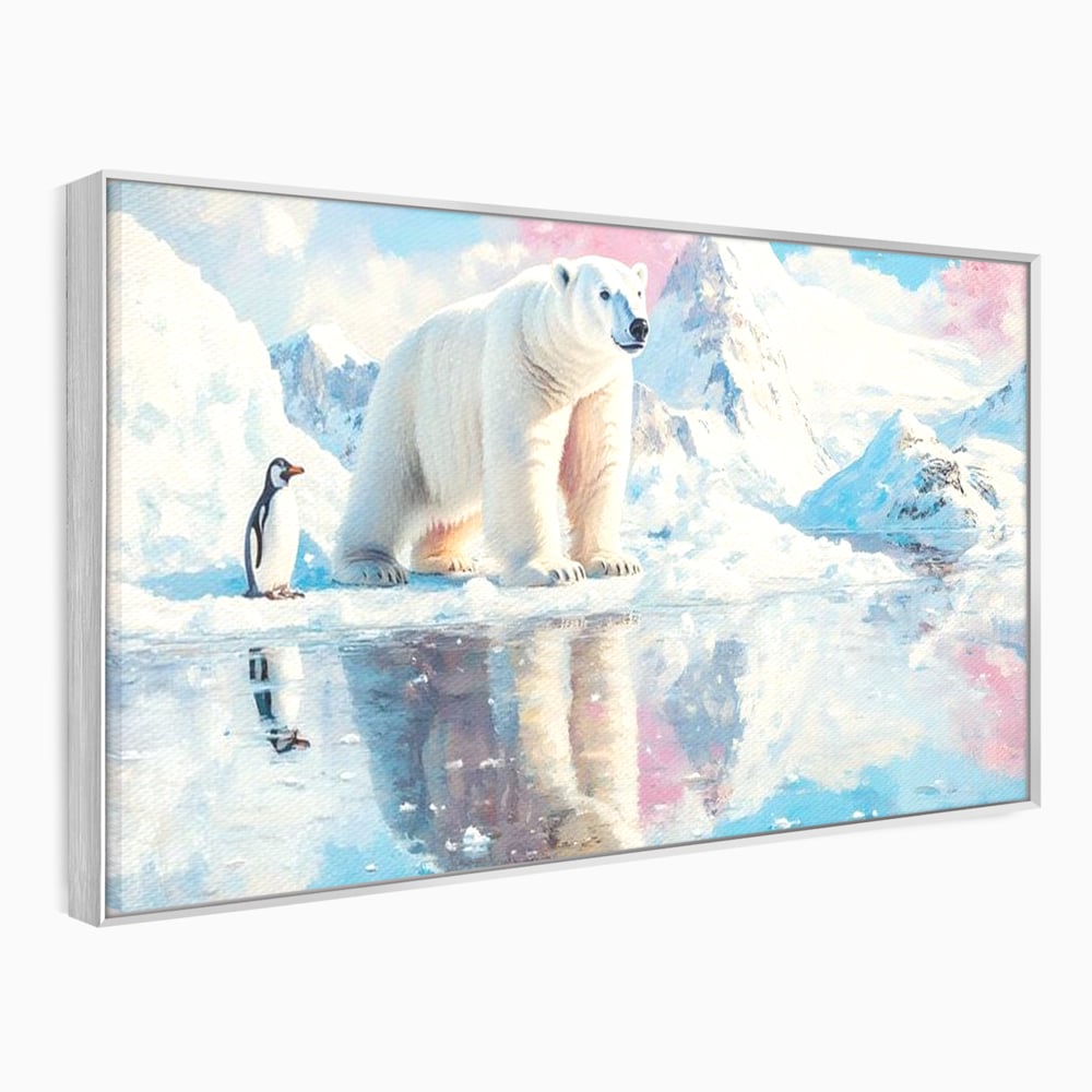 Tablou Canvas Premium, LuxCanva® M1007, Calatori in Lumea Arctica, Urs, Pinguin, Iarna, Zapada, Gheata, Arctic, Glaciar, Prietenie, Birou, Living, Camera Copii