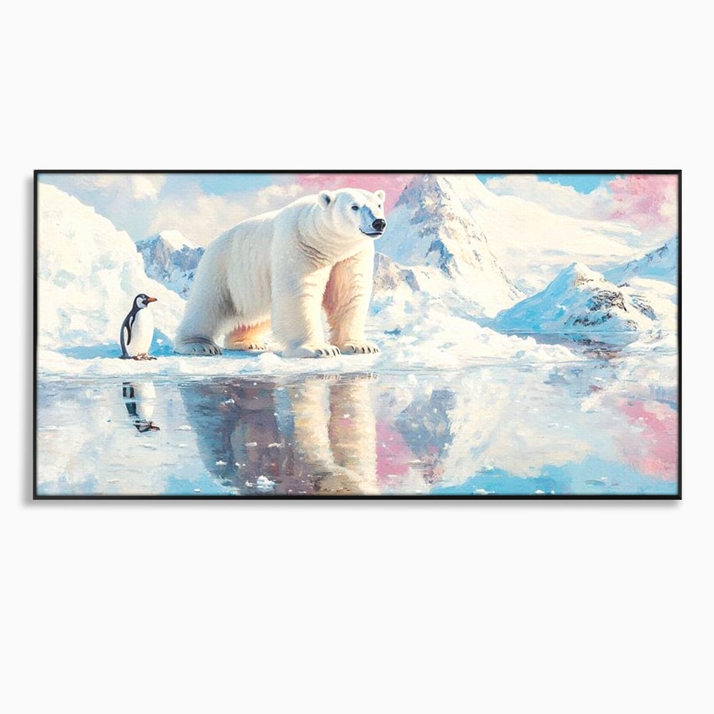 Tablou Canvas Premium, LuxCanva® M1007, Calatori in Lumea Arctica, Urs, Pinguin, Iarna, Zapada, Gheata, Arctic, Glaciar, Prietenie, Birou, Living, Camera Copii