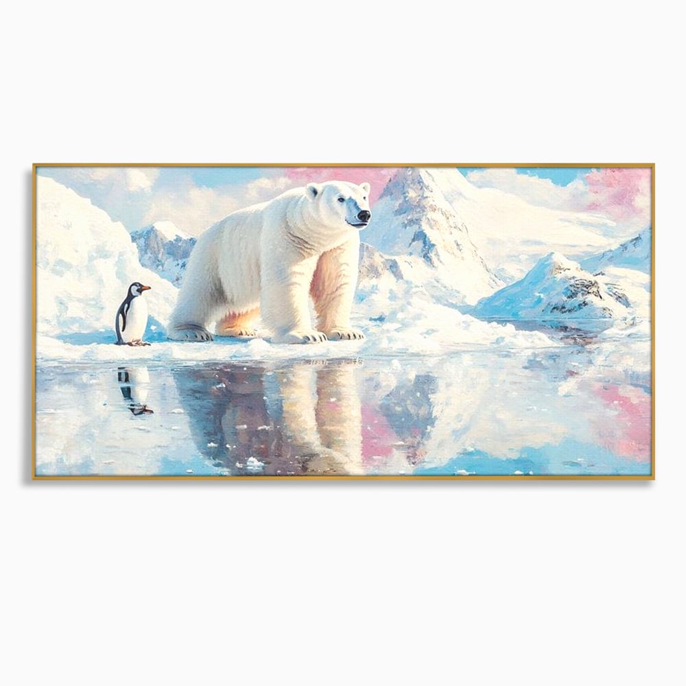 Tablou Canvas Premium, LuxCanva® M1007, Calatori in Lumea Arctica, Urs, Pinguin, Iarna, Zapada, Gheata, Arctic, Glaciar, Prietenie, Birou, Living, Camera Copii
