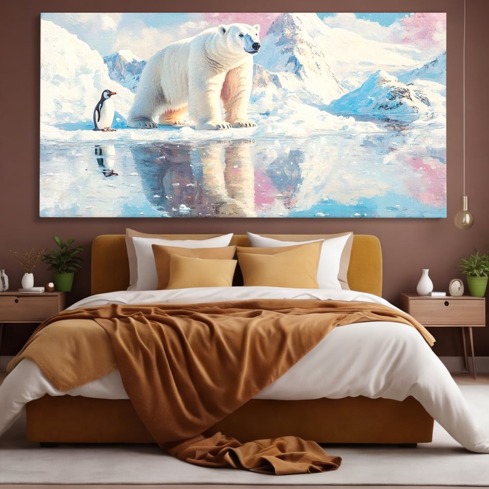 Tablou Canvas Premium, LuxCanva® M1007, Calatori in Lumea Arctica, Urs, Pinguin, Iarna, Zapada, Gheata, Arctic, Glaciar, Prietenie, Birou, Living, Camera Copii