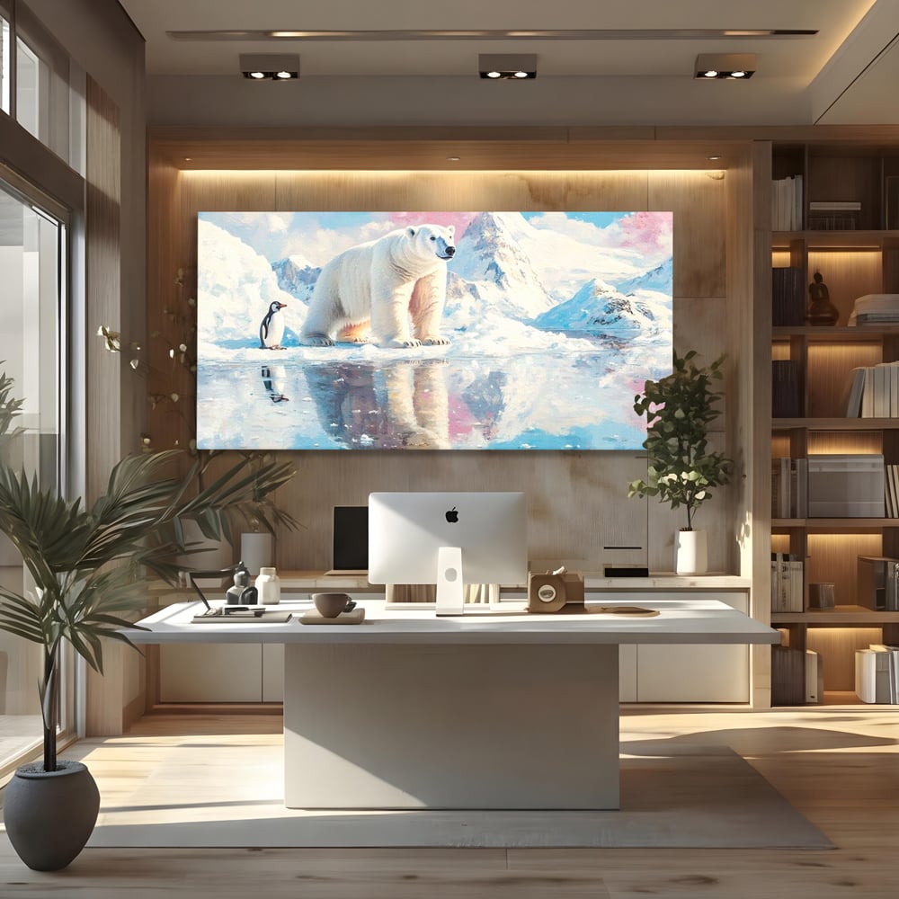 Tablou Canvas Premium, LuxCanva® M1007, Calatori in Lumea Arctica, Urs, Pinguin, Iarna, Zapada, Gheata, Arctic, Glaciar, Prietenie, Birou, Living, Camera Copii