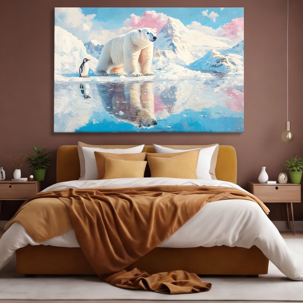 Tablou Canvas Premium, LuxCanva® M1007, Calatori in Lumea Arctica, Urs, Pinguin, Iarna, Zapada, Gheata, Arctic, Glaciar, Prietenie, Birou, Living, Camera Copii