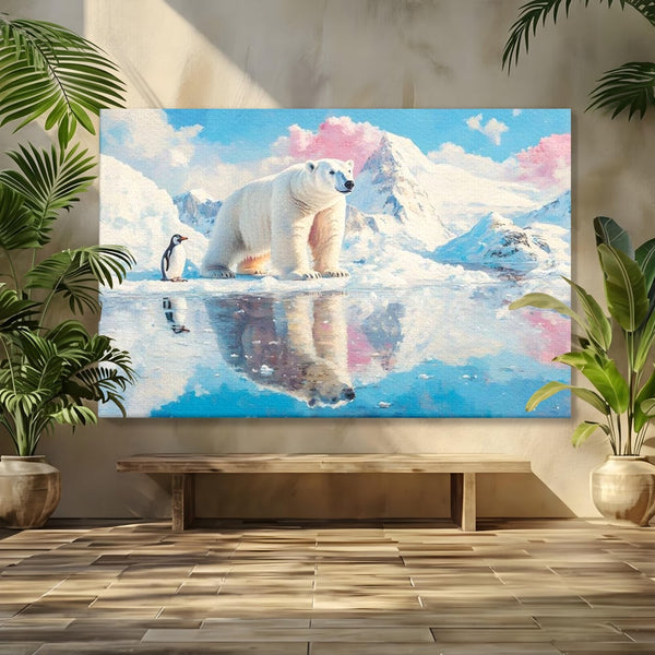 Tablou Canvas Premium, LuxCanva® M1007, Calatori in Lumea Arctica, Urs, Pinguin, Iarna, Zapada, Gheata, Arctic, Glaciar, Prietenie, Birou, Living, Camera Copii