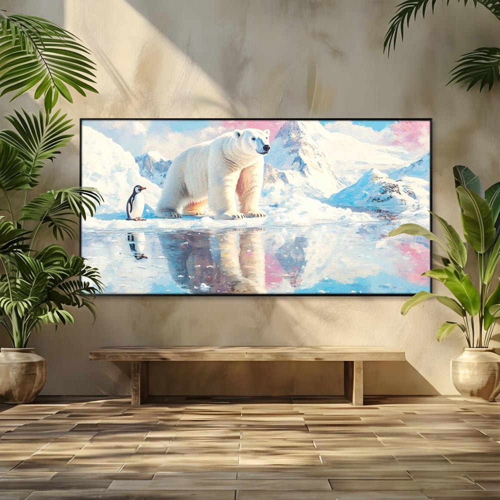 Tablou Canvas Premium, LuxCanva® M1007, Calatori in Lumea Arctica, Urs, Pinguin, Iarna, Zapada, Gheata, Arctic, Glaciar, Prietenie, Birou, Living, Camera Copii