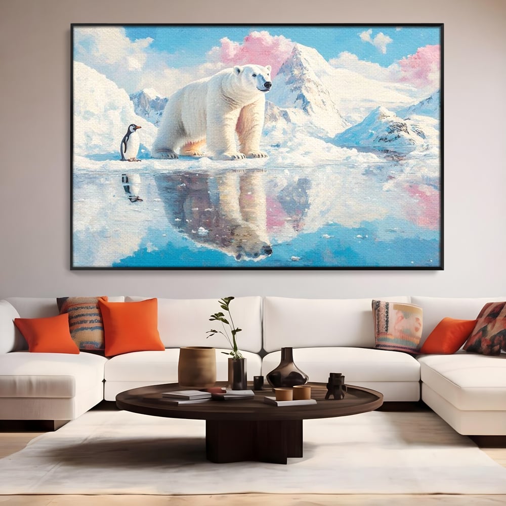 Tablou Canvas Premium, LuxCanva® M1007, Calatori in Lumea Arctica, Urs, Pinguin, Iarna, Zapada, Gheata, Arctic, Glaciar, Prietenie, Birou, Living, Camera Copii