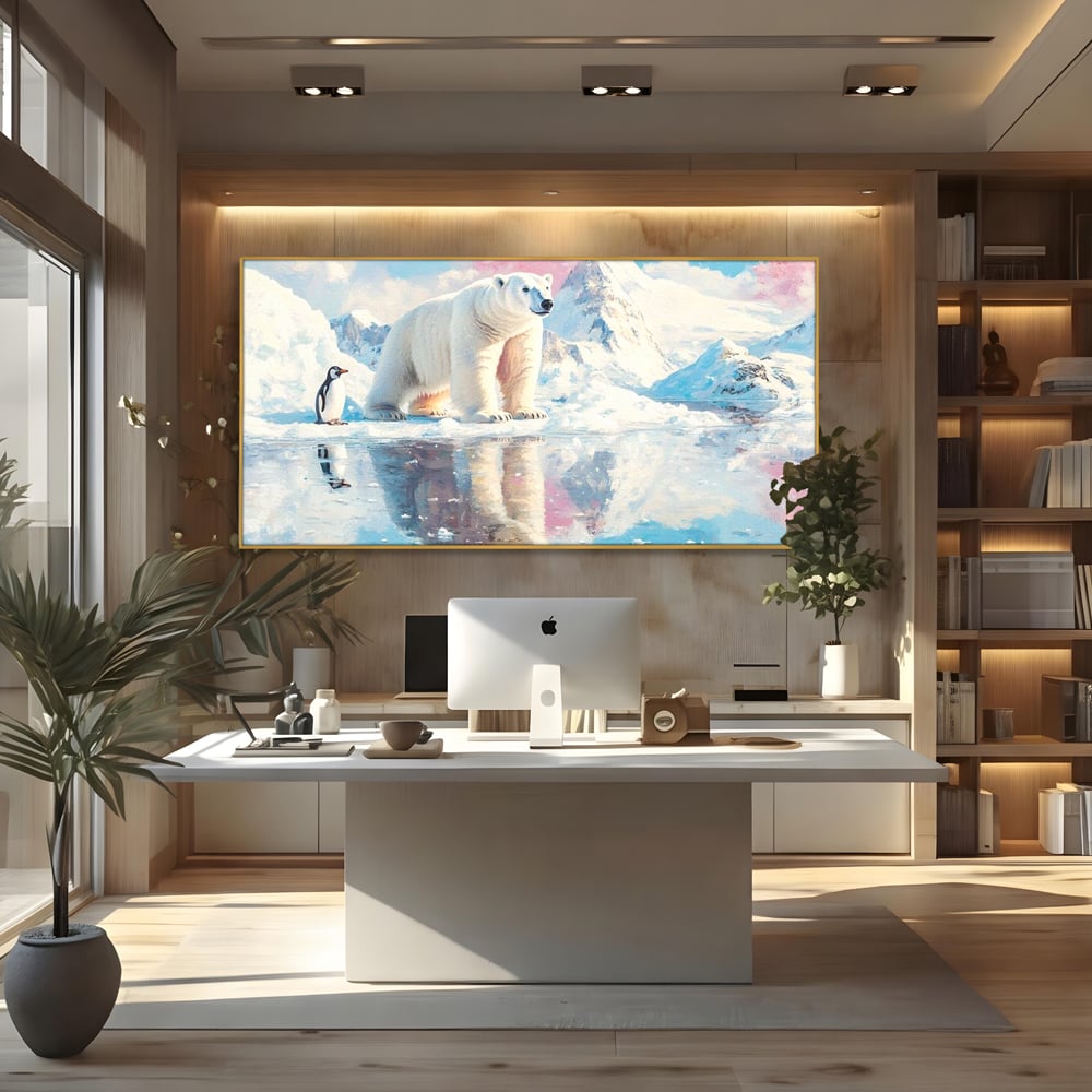 Tablou Canvas Premium, LuxCanva® M1007, Calatori in Lumea Arctica, Urs, Pinguin, Iarna, Zapada, Gheata, Arctic, Glaciar, Prietenie, Birou, Living, Camera Copii