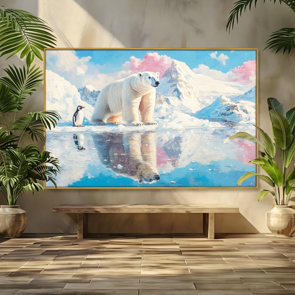 Tablou Canvas Premium, LuxCanva® M1007, Calatori in Lumea Arctica, Urs, Pinguin, Iarna, Zapada, Gheata, Arctic, Glaciar, Prietenie, Birou, Living, Camera Copii