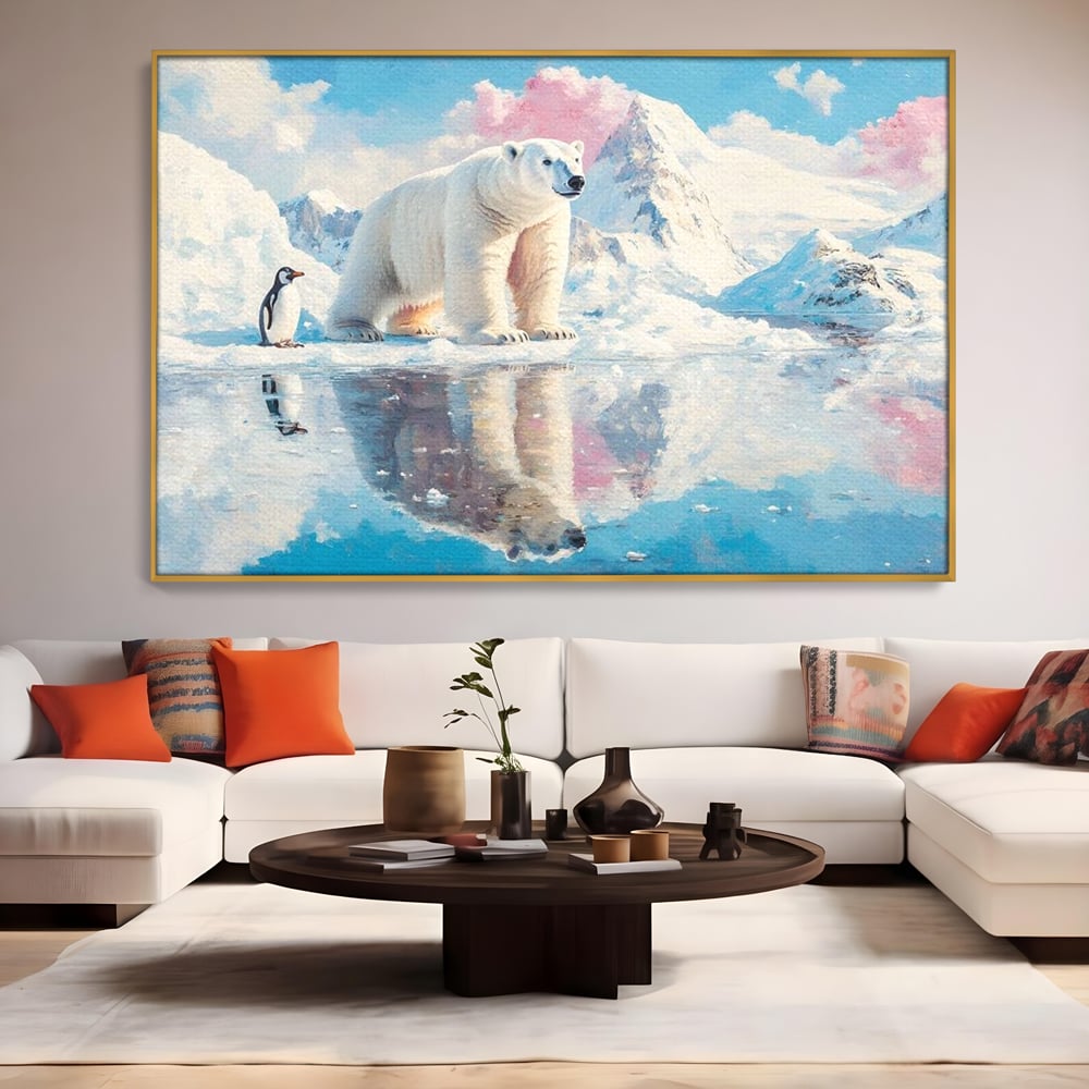 Tablou Canvas Premium, LuxCanva® M1007, Calatori in Lumea Arctica, Urs, Pinguin, Iarna, Zapada, Gheata, Arctic, Glaciar, Prietenie, Birou, Living, Camera Copii