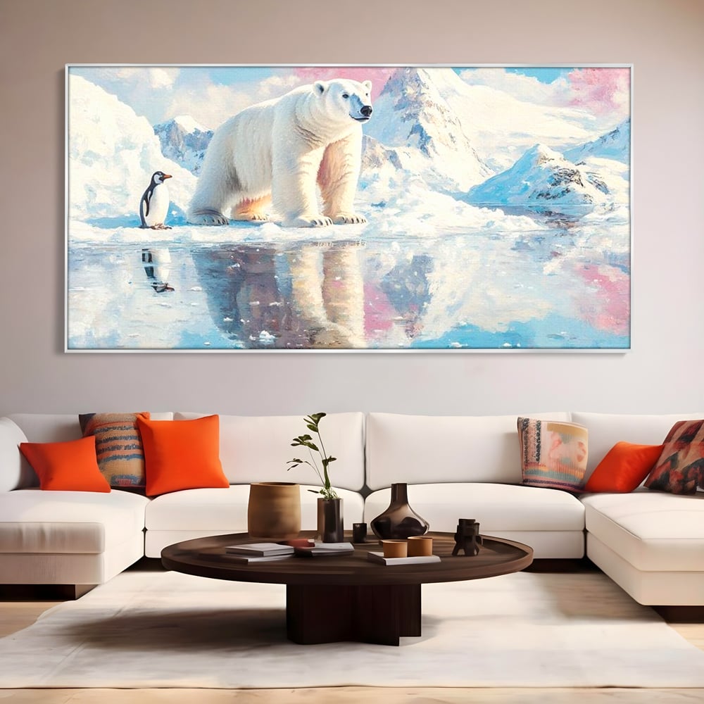 Tablou Canvas Premium, LuxCanva® M1007, Calatori in Lumea Arctica, Urs, Pinguin, Iarna, Zapada, Gheata, Arctic, Glaciar, Prietenie, Birou, Living, Camera Copii