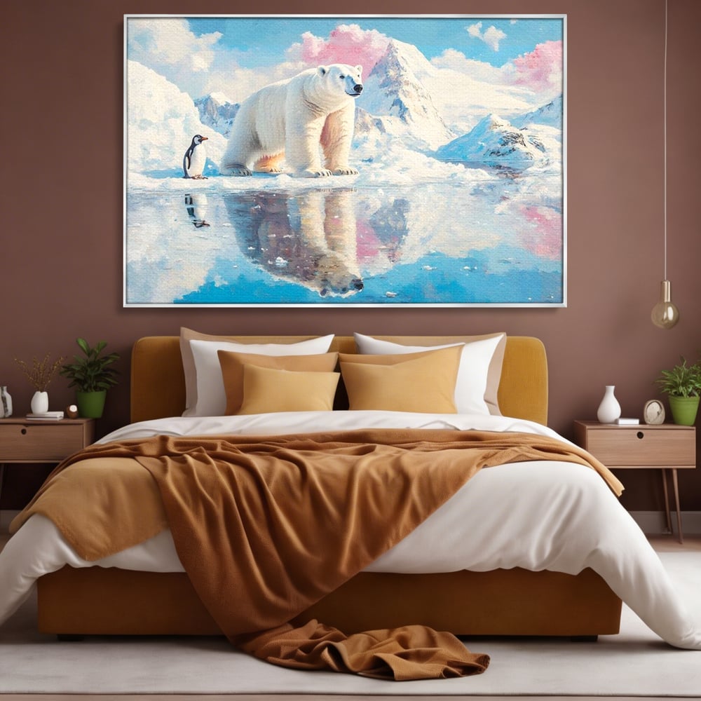 Tablou Canvas Premium, LuxCanva® M1007, Calatori in Lumea Arctica, Urs, Pinguin, Iarna, Zapada, Gheata, Arctic, Glaciar, Prietenie, Birou, Living, Camera Copii