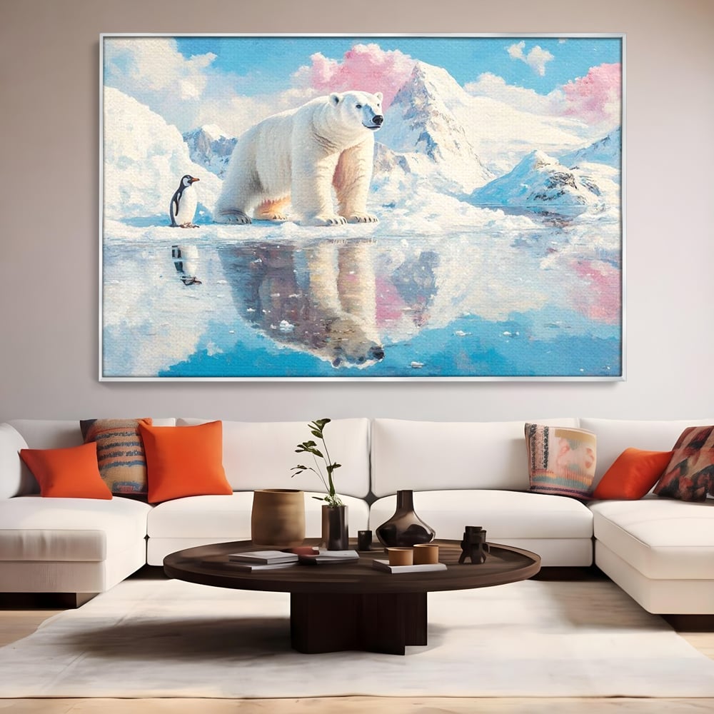 Tablou Canvas Premium, LuxCanva® M1007, Calatori in Lumea Arctica, Urs, Pinguin, Iarna, Zapada, Gheata, Arctic, Glaciar, Prietenie, Birou, Living, Camera Copii