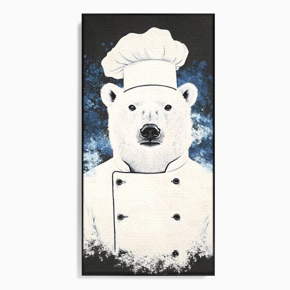 Leinwand Wandkunst Canvas Premium, LuxCanva® M1008, Northern Kitchen, Koch, Koch, weiß, Tier, Bär, Rezepte, Kulinarik, Gastronomie, Küche, Büro, Wohnen, Kinderzimmer