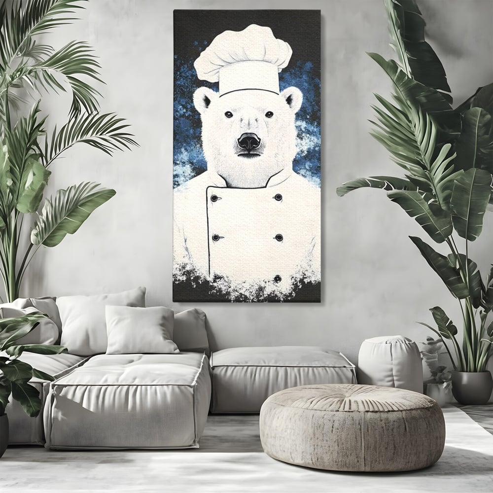 Leinwand Wandkunst Canvas Premium, LuxCanva® M1008, Northern Kitchen, Koch, Koch, weiß, Tier, Bär, Rezepte, Kulinarik, Gastronomie, Küche, Büro, Wohnen, Kinderzimmer