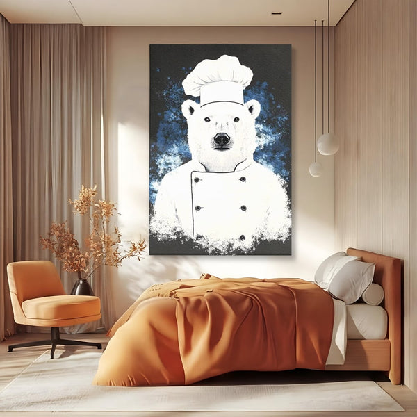 Leinwand Wandkunst Canvas Premium, LuxCanva® M1008, Northern Kitchen, Koch, Koch, weiß, Tier, Bär, Rezepte, Kulinarik, Gastronomie, Küche, Büro, Wohnen, Kinderzimmer