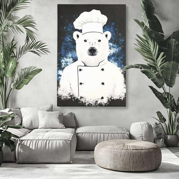Leinwand Wandkunst Canvas Premium, LuxCanva® M1008, Northern Kitchen, Koch, Koch, weiß, Tier, Bär, Rezepte, Kulinarik, Gastronomie, Küche, Büro, Wohnen, Kinderzimmer