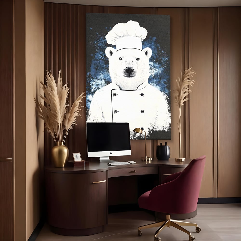 Leinwand Wandkunst Canvas Premium, LuxCanva® M1008, Northern Kitchen, Koch, Koch, weiß, Tier, Bär, Rezepte, Kulinarik, Gastronomie, Küche, Büro, Wohnen, Kinderzimmer