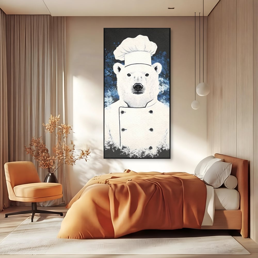 Leinwand Wandkunst Canvas Premium, LuxCanva® M1008, Northern Kitchen, Koch, Koch, weiß, Tier, Bär, Rezepte, Kulinarik, Gastronomie, Küche, Büro, Wohnen, Kinderzimmer