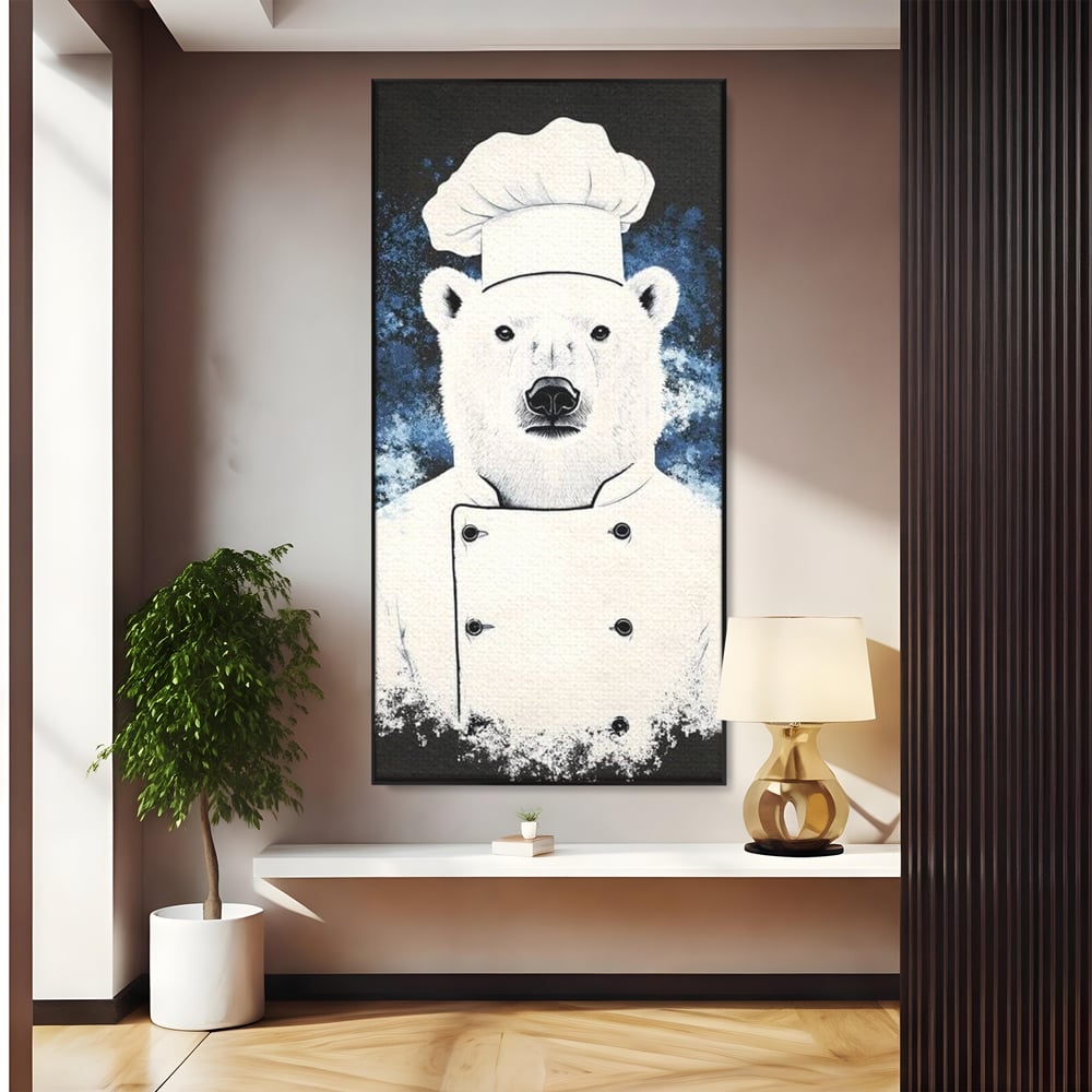 Leinwand Wandkunst Canvas Premium, LuxCanva® M1008, Northern Kitchen, Koch, Koch, weiß, Tier, Bär, Rezepte, Kulinarik, Gastronomie, Küche, Büro, Wohnen, Kinderzimmer