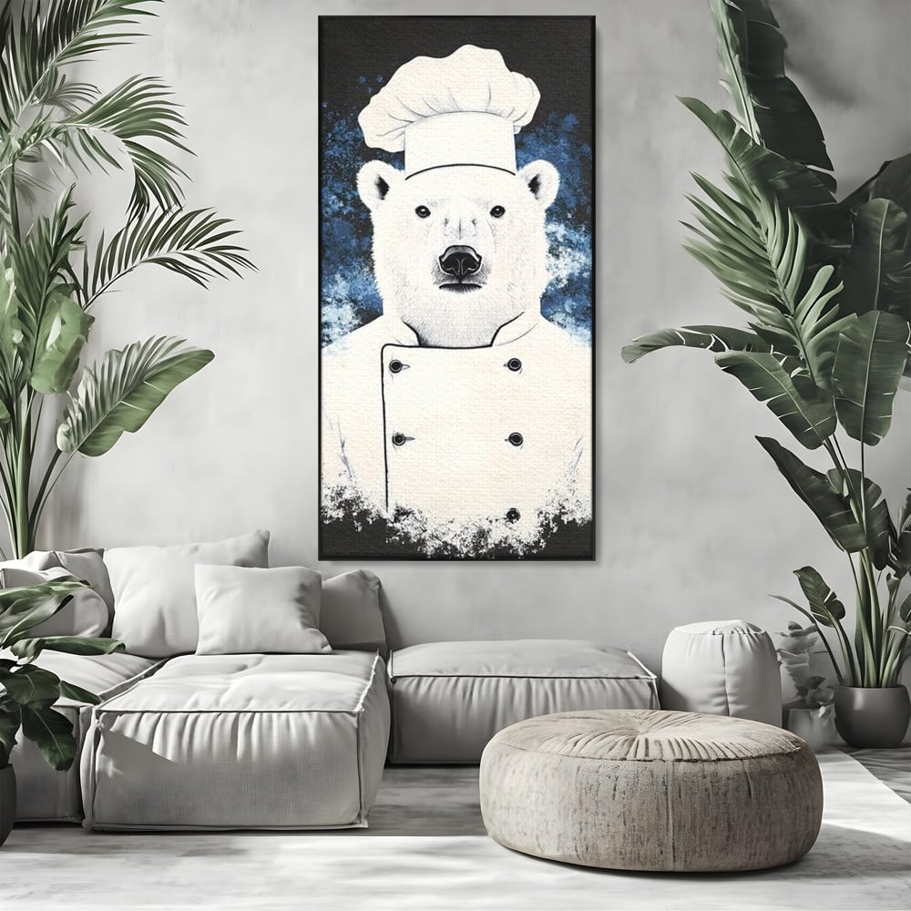 Leinwand Wandkunst Canvas Premium, LuxCanva® M1008, Northern Kitchen, Koch, Koch, weiß, Tier, Bär, Rezepte, Kulinarik, Gastronomie, Küche, Büro, Wohnen, Kinderzimmer