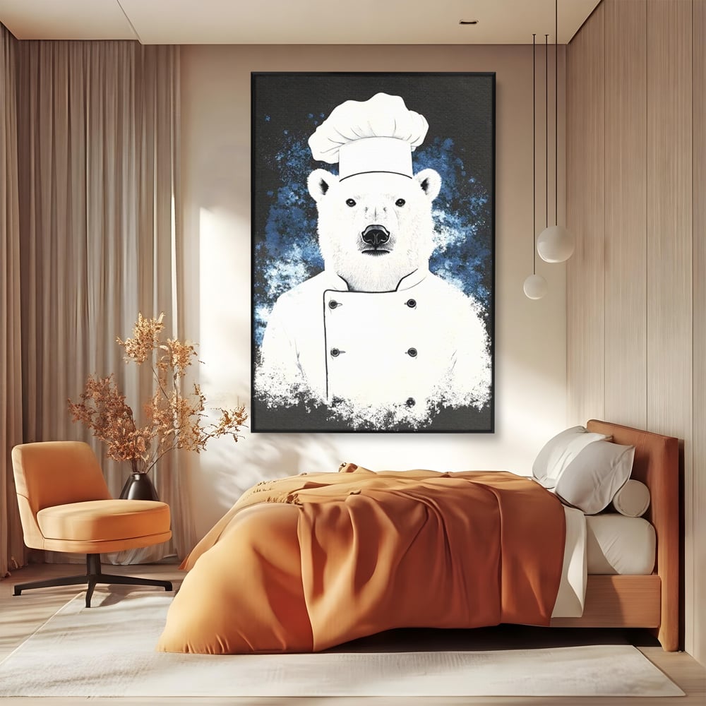 Leinwand Wandkunst Canvas Premium, LuxCanva® M1008, Northern Kitchen, Koch, Koch, weiß, Tier, Bär, Rezepte, Kulinarik, Gastronomie, Küche, Büro, Wohnen, Kinderzimmer