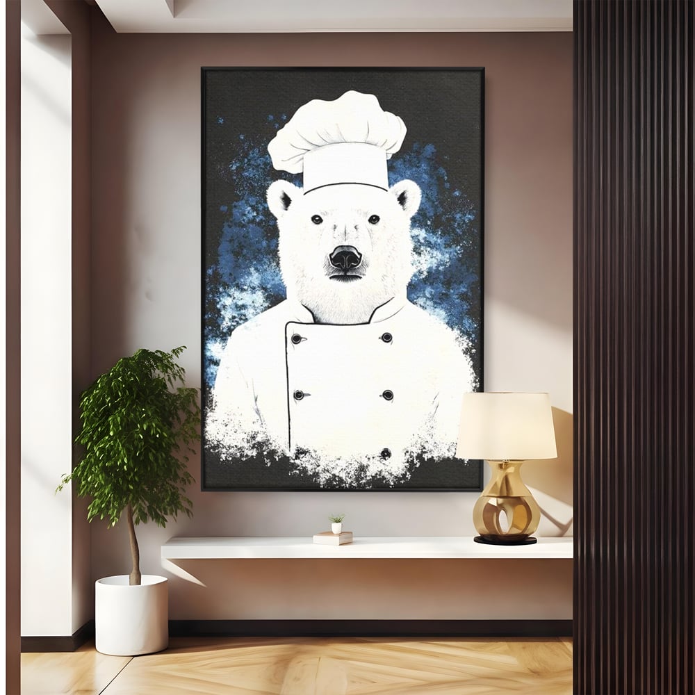 Leinwand Wandkunst Canvas Premium, LuxCanva® M1008, Northern Kitchen, Koch, Koch, weiß, Tier, Bär, Rezepte, Kulinarik, Gastronomie, Küche, Büro, Wohnen, Kinderzimmer