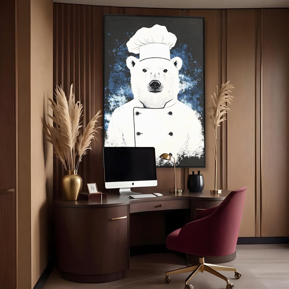 Leinwand Wandkunst Canvas Premium, LuxCanva® M1008, Northern Kitchen, Koch, Koch, weiß, Tier, Bär, Rezepte, Kulinarik, Gastronomie, Küche, Büro, Wohnen, Kinderzimmer