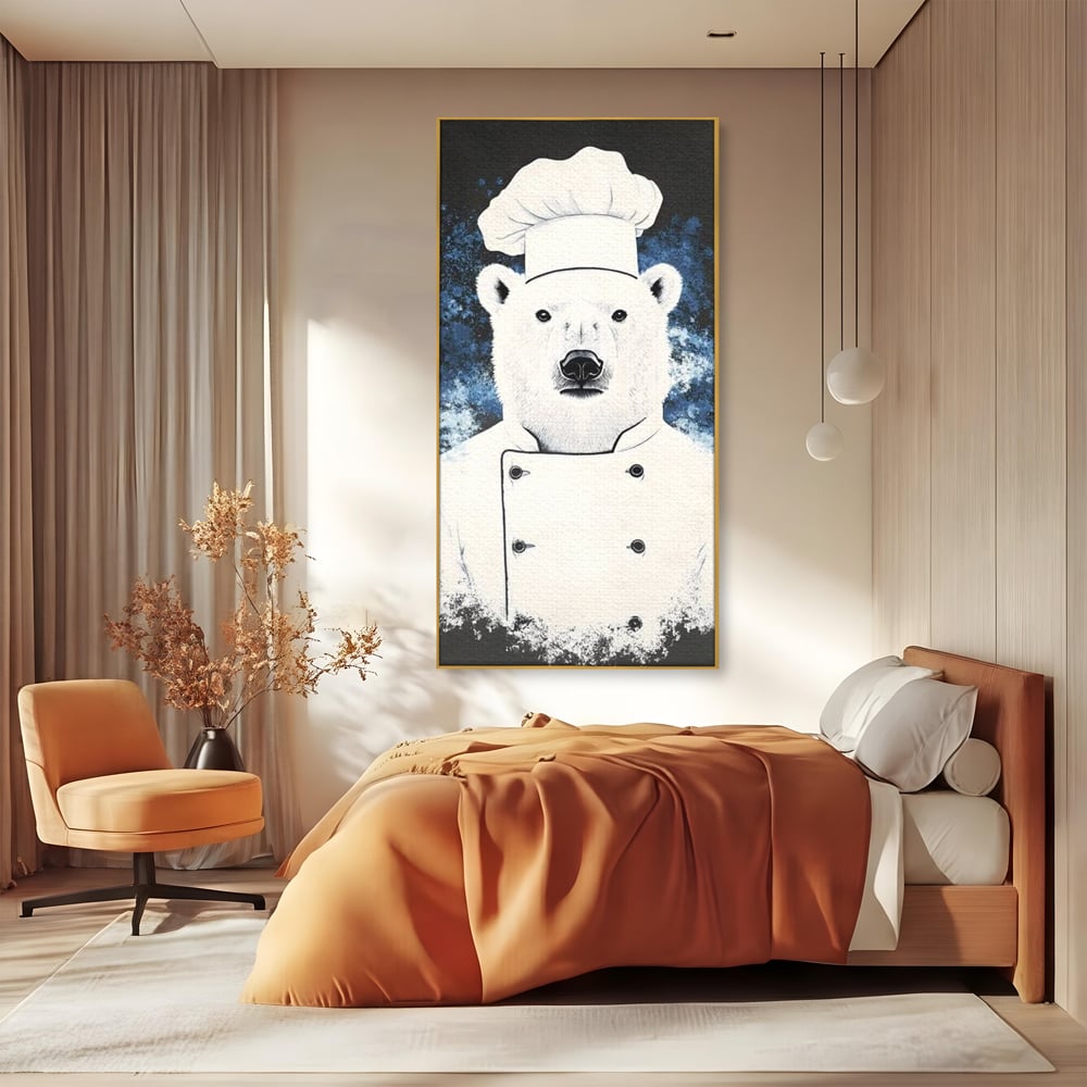 Leinwand Wandkunst Canvas Premium, LuxCanva® M1008, Northern Kitchen, Koch, Koch, weiß, Tier, Bär, Rezepte, Kulinarik, Gastronomie, Küche, Büro, Wohnen, Kinderzimmer