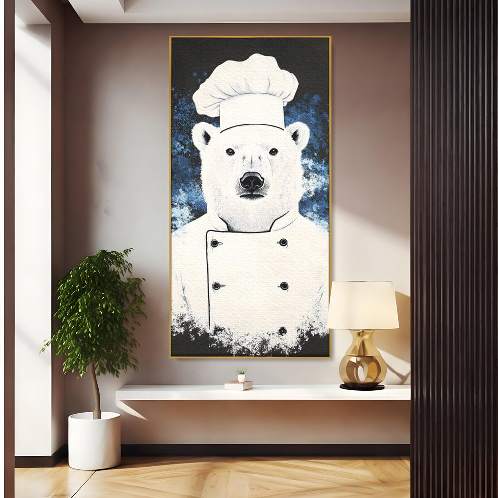 Leinwand Wandkunst Canvas Premium, LuxCanva® M1008, Northern Kitchen, Koch, Koch, weiß, Tier, Bär, Rezepte, Kulinarik, Gastronomie, Küche, Büro, Wohnen, Kinderzimmer