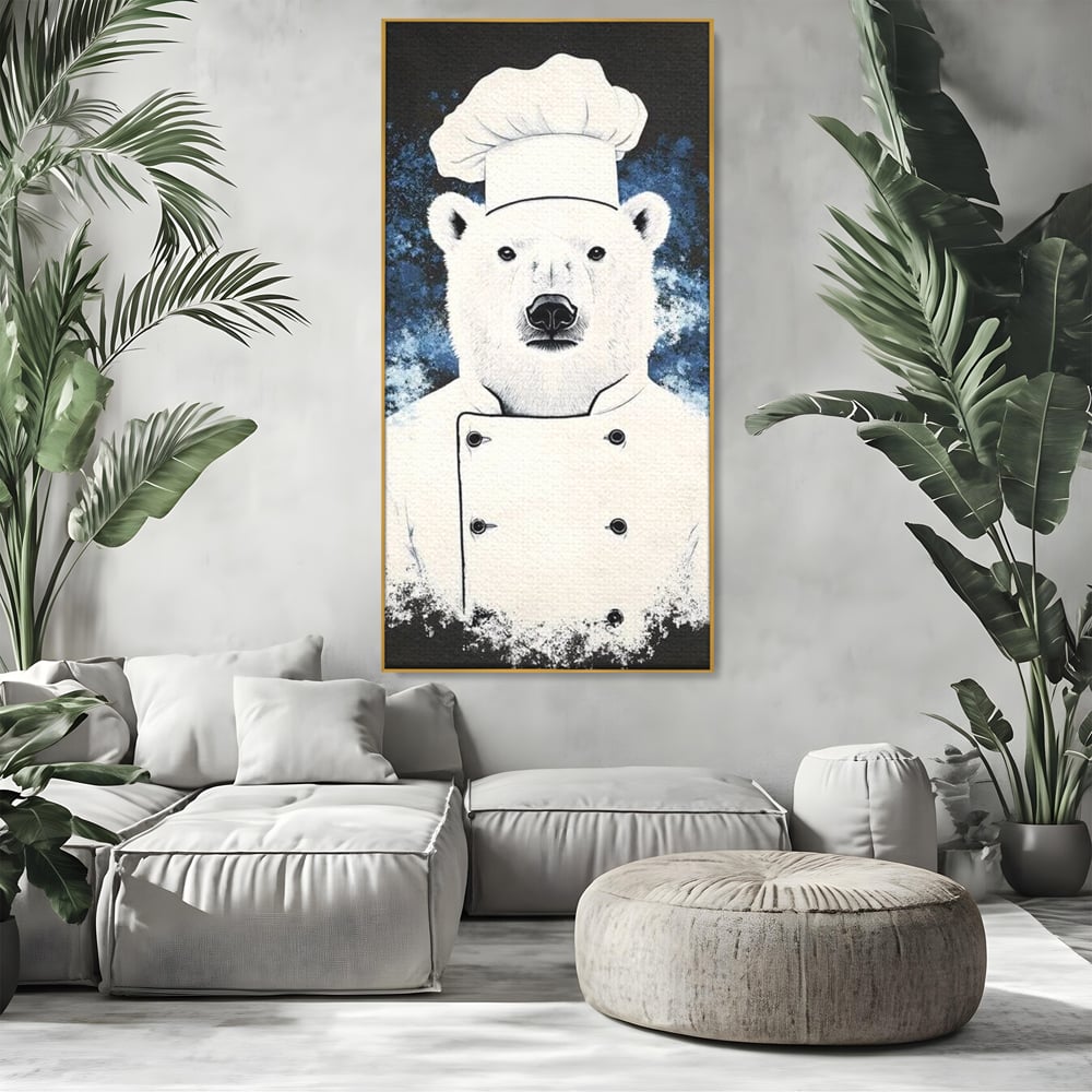 Leinwand Wandkunst Canvas Premium, LuxCanva® M1008, Northern Kitchen, Koch, Koch, weiß, Tier, Bär, Rezepte, Kulinarik, Gastronomie, Küche, Büro, Wohnen, Kinderzimmer